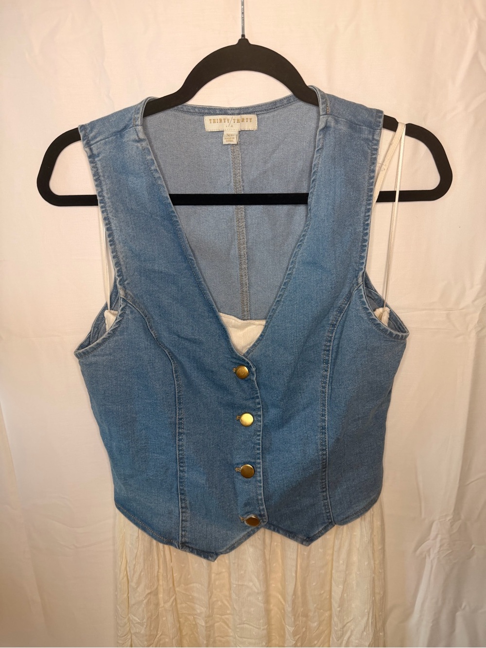 Denim Vest Layered Cream Maxi Dress - Picture 2 of 8